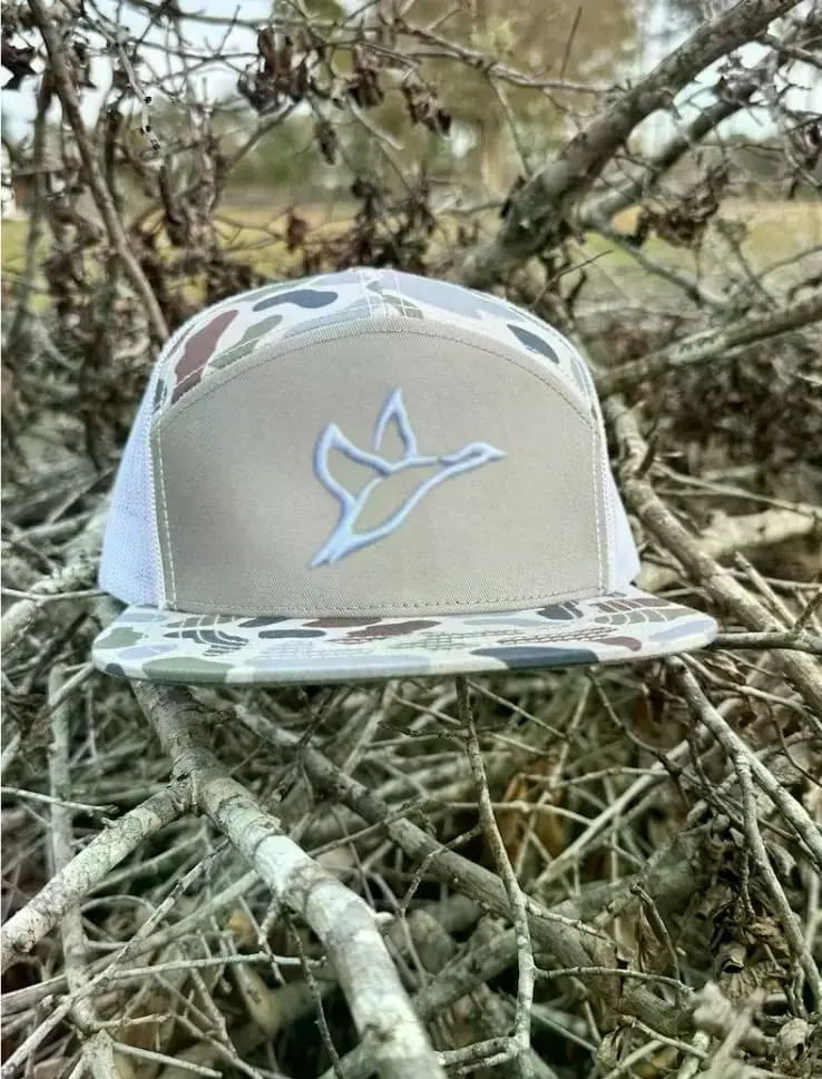 Flying Duck Icon 7-Panel Camo Trucker Hat – Brackish/White Mesh Snapback Hat