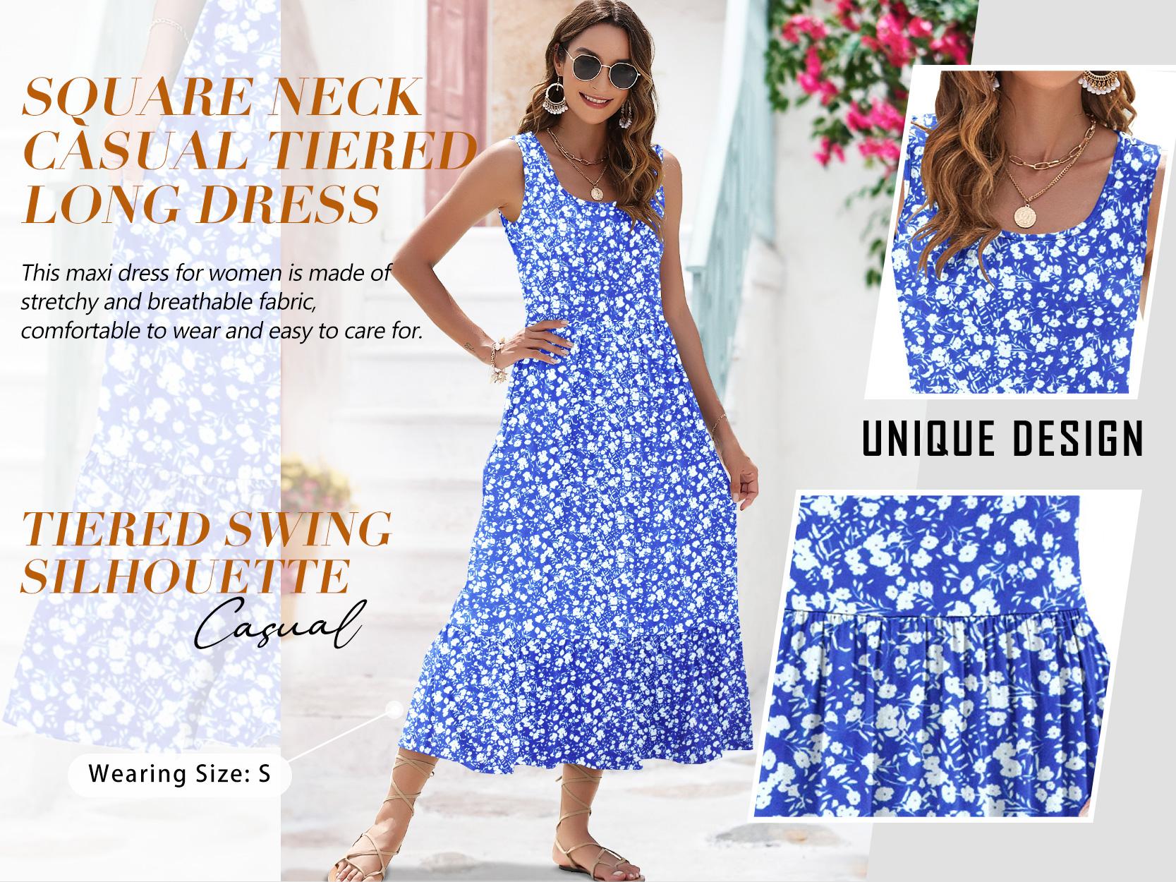 AUSELILY 2026 Womens Summer Dresses Sleeveless Maxi Dress Square Neck Casual Tiered Swing Dress with Pockets Summer Dress Sunshine Floral SpringStatements