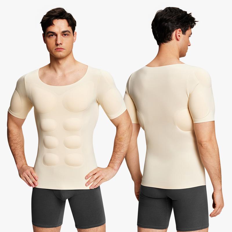 【Nebility】 Men’s Invisible Seamless Muscle-Enhancing T-Shirt with Removable Muscle Pads and Light Compression Function, Suitable for Everyday Wear, Cosplay, and Special Occasions