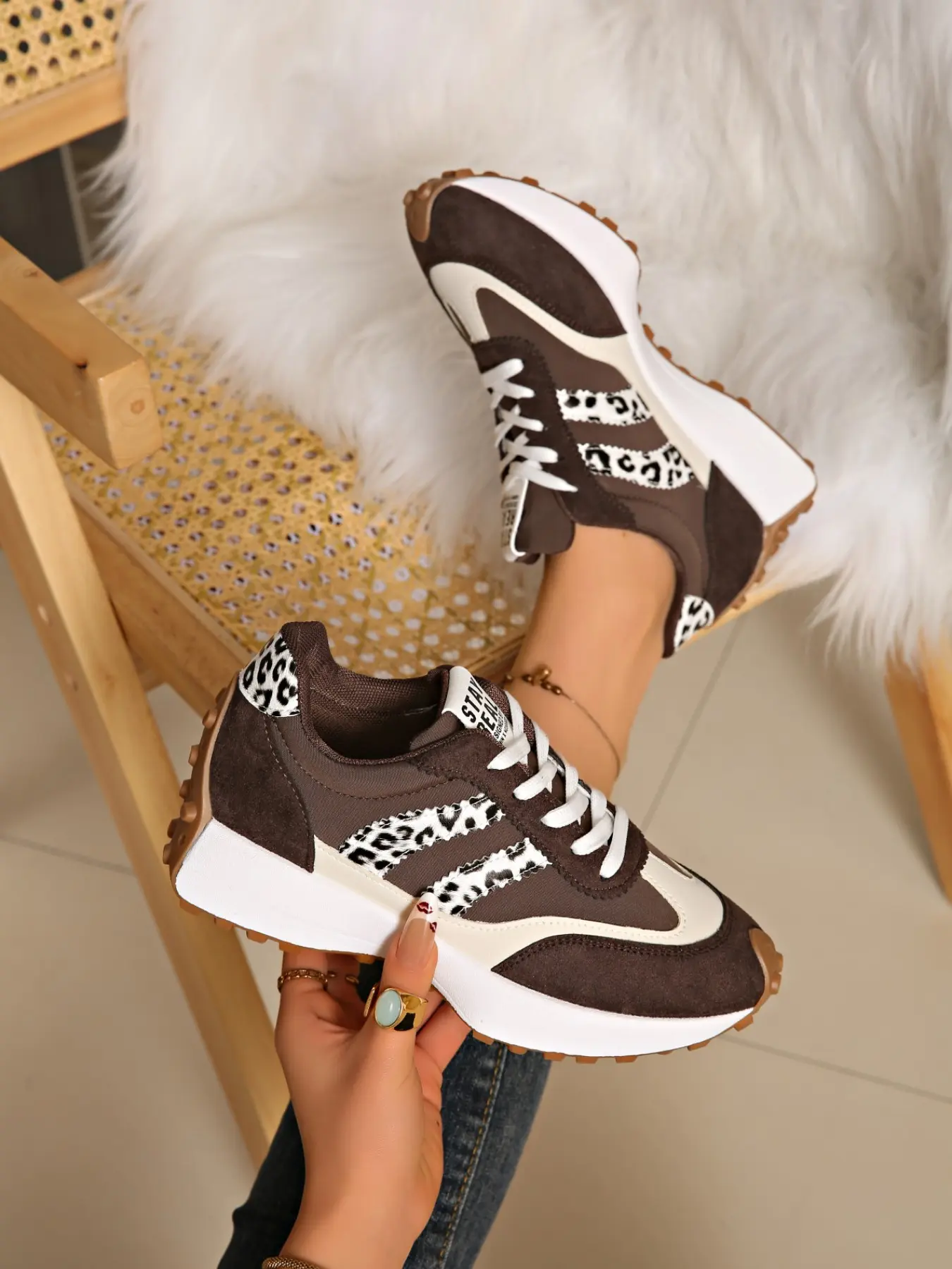 Women's Spring Fall New Large Size Round Toe Thick Sole Casual Shoes, Lace-Up Leopard Patchwork Vintage Height Increasing Training Sports Sneakers Trainer, Thick Soled Shoes
