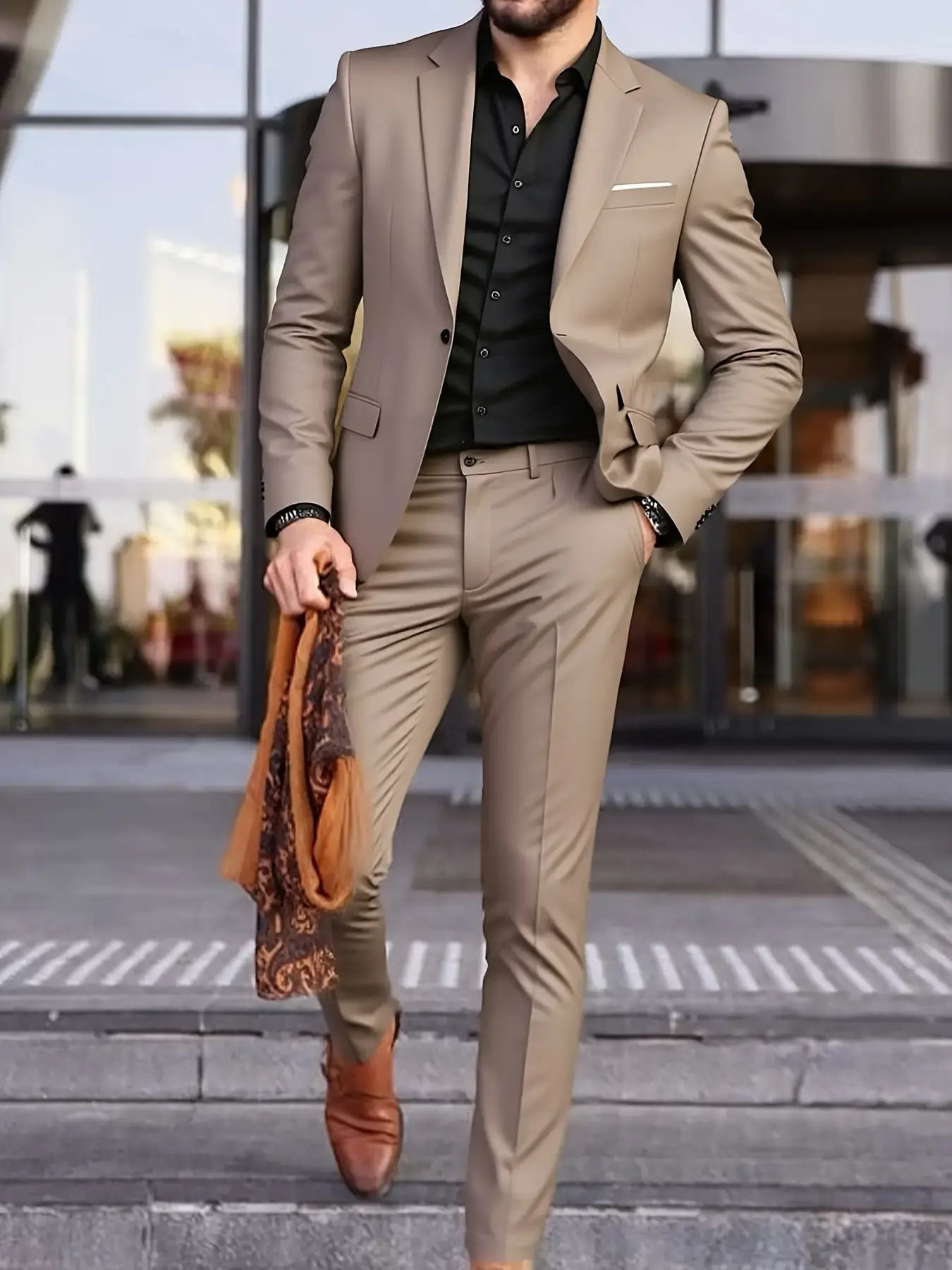 Men's 2-Piece Classic Plain Suit Set - 2-piece men's suits, all-season, body-fit, elegant menswear; long-sleeve formal wear with lapel collar, button details, non-stretch pockets, pocket square for weddings, business meetings, All-Season Men's Suits
