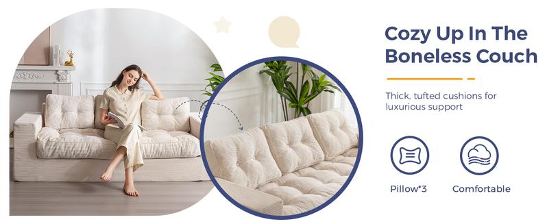 MAXYOYO 3 Seater Couch for Living Room, Boneless Couch with Tufted Cushion & Backrest, Upholstered Floor Sofa with Armrests, Sofa in A Box, No Assembly Required