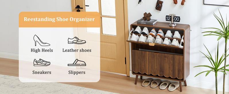 Giratree Shoe Storage Cabinet for Entryway with 2 4 Flip Drawers, Freestanding Narrow Wood Shoe Cabinet with Wave Panel, Hidden Shoe Organizer for Foyer, Hallway