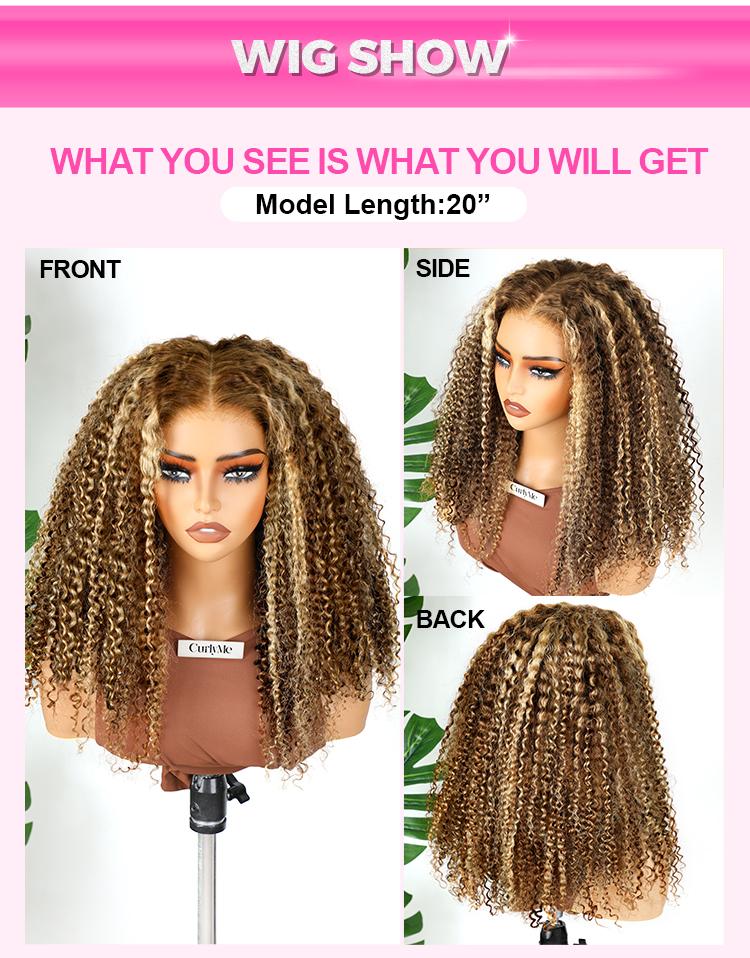 CurlyMe Wear Go Glueless Kinky Curly P4/27 Highlight Ombre Color Human Hair Wig 180% Density 7x5 Pre-cut Transparent Lace Front Wig Pre-plucked Natural Hairline Shipping in 24H