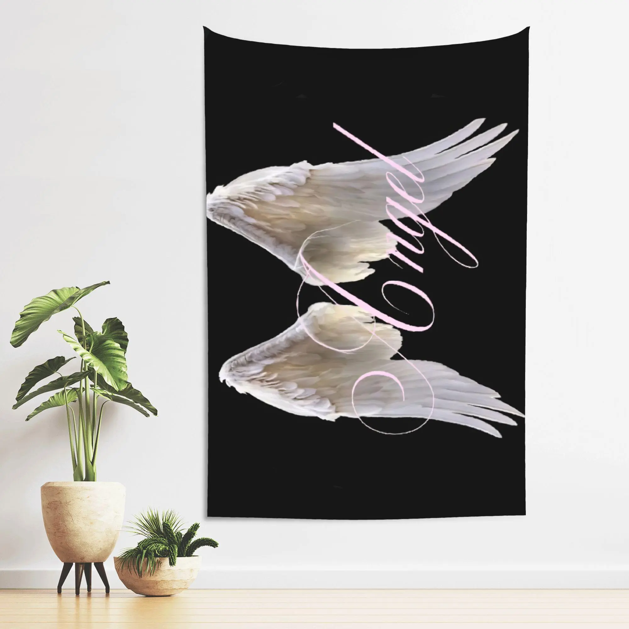 Elegant Angel Text White Wings Tapestry, Soft Feather Wall Hanging, Romantic Aesthetic Bedroom Background Wall Decor
