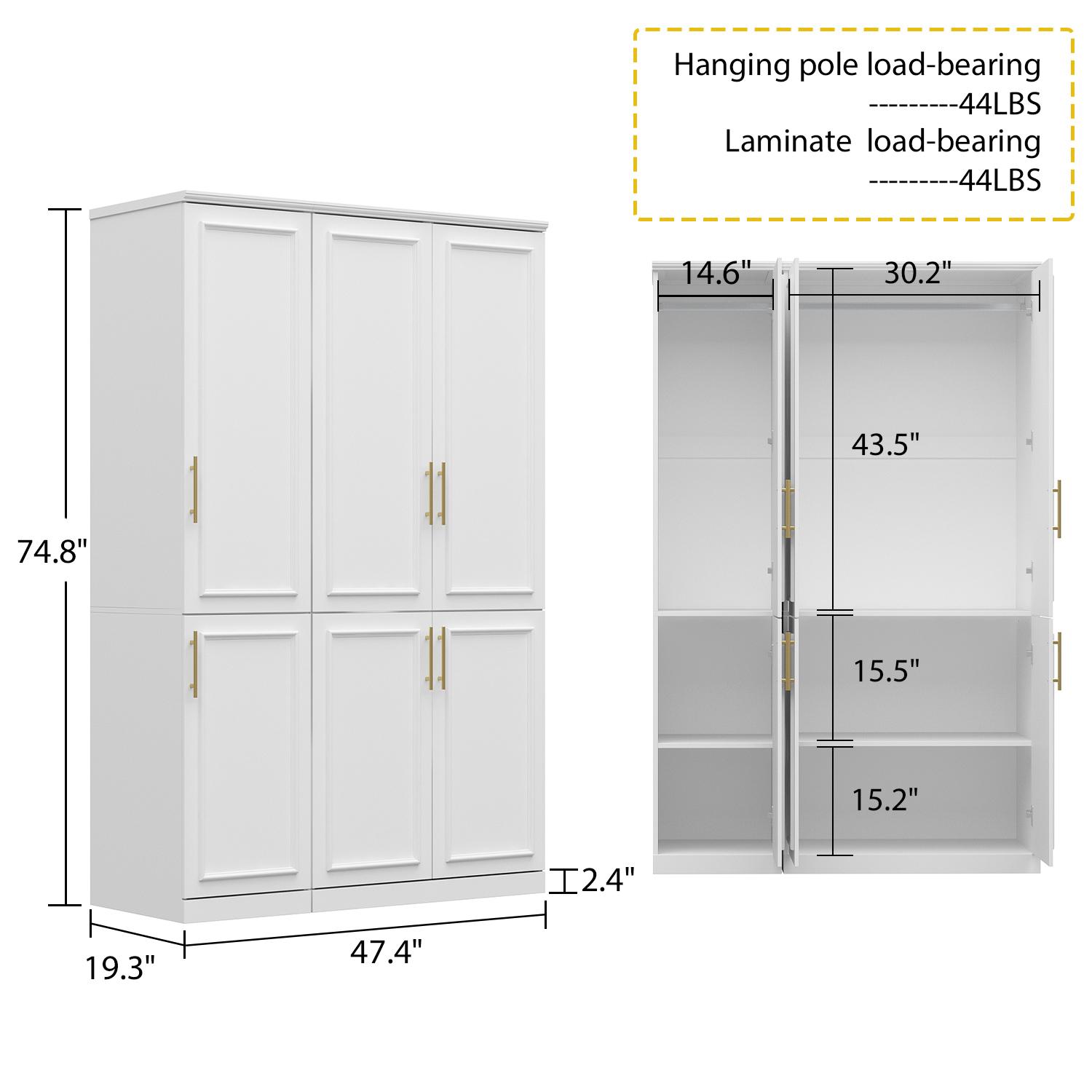FUFU&GAGA 4 Door Wardrobe Closet with Shelves, Armoires and Wardrobes Wardrobe Closet with Hanging Rod, Gold Metal Handles, Bedroom Armoire Closet
