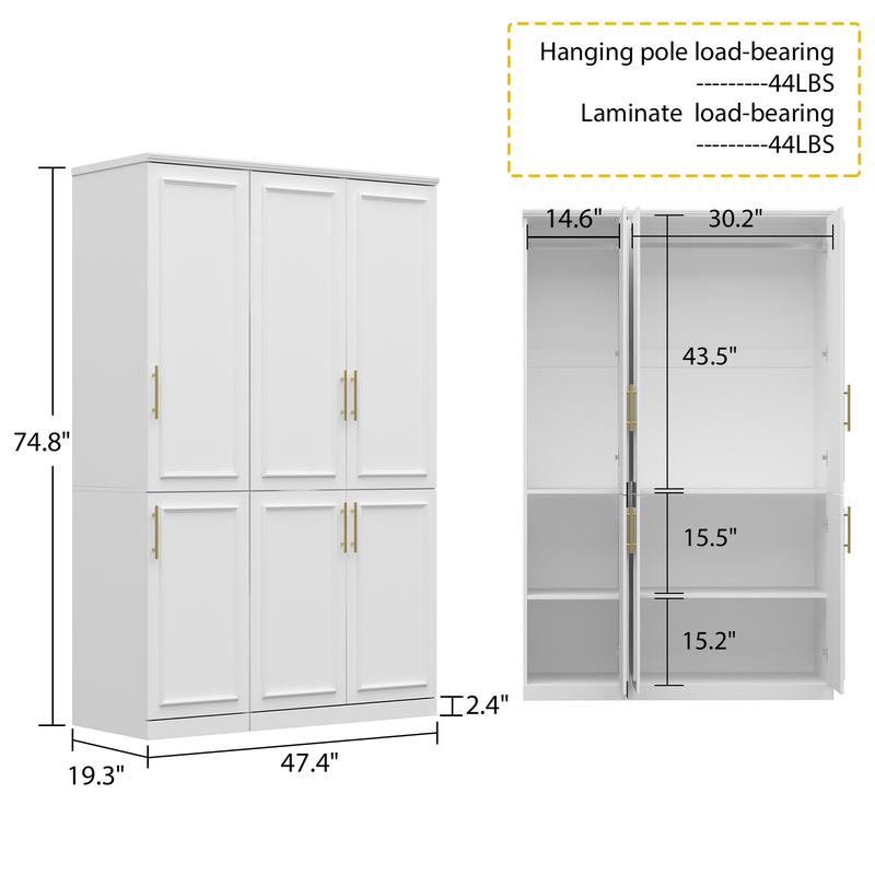 FUFU&GAGA 4 Door Wardrobe Closet with Shelves, Armoires and Wardrobes Wardrobe Closet with Hanging Rod, Gold Metal Handles, Bedroom Armoire Closet