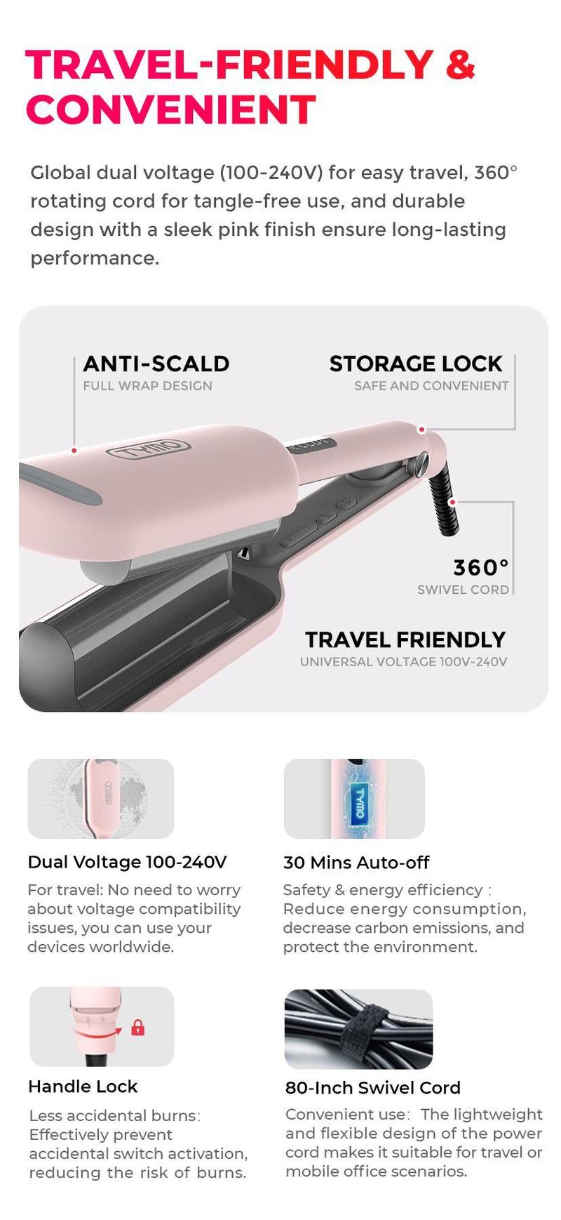 TYMO ROVY Beach Waves Curling Wand, Ionic Deep Waver Hair Curler Tool With Ceramic 3 Barrel For Women, Dual Voltage, Anti-Scald, Easy To Use Crimper Iron Hair Crimper Bed Head Waver Comfort, Hollywood Waves,Styling Kit,Negative Ion