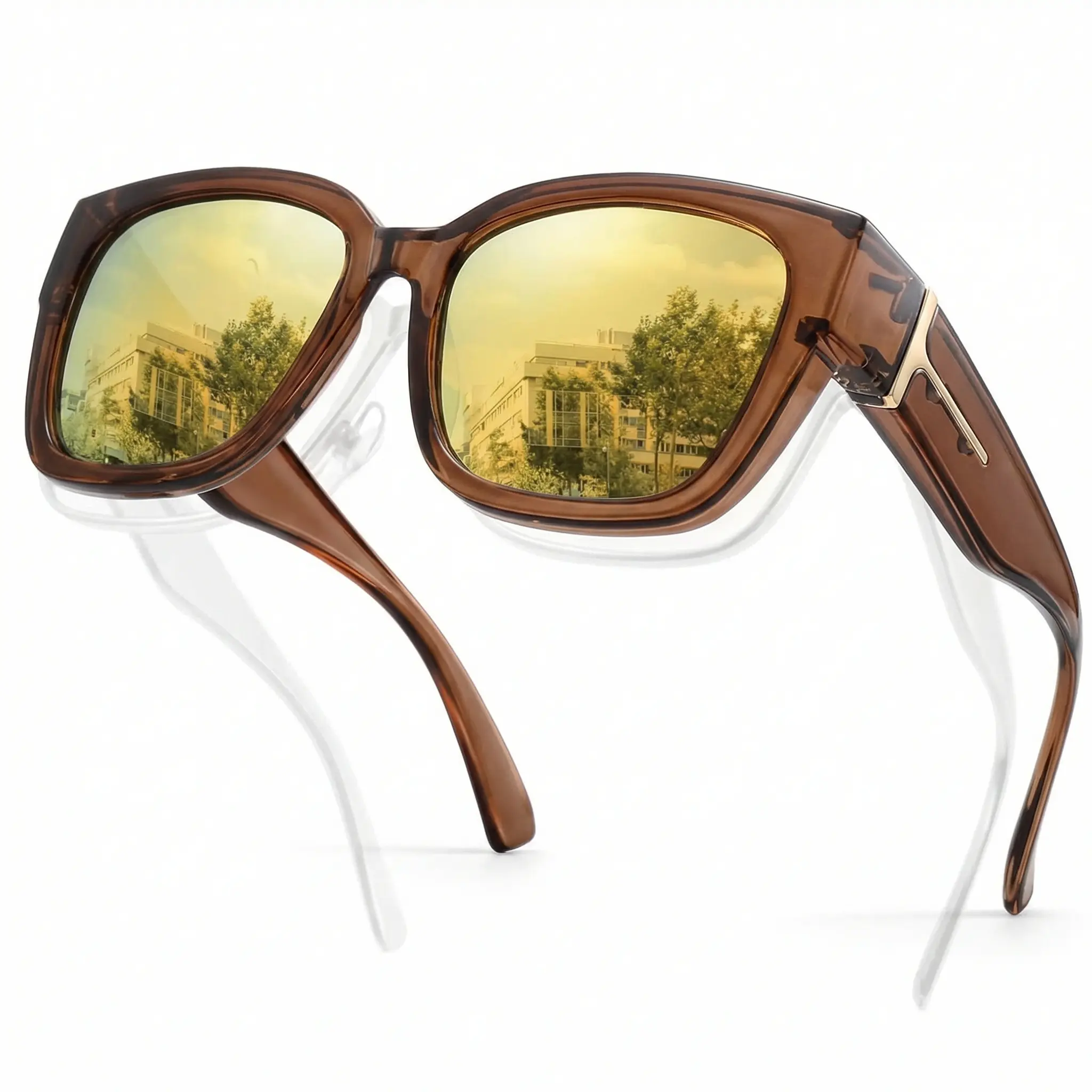 tranparent brown frame / gold mirrored lens 