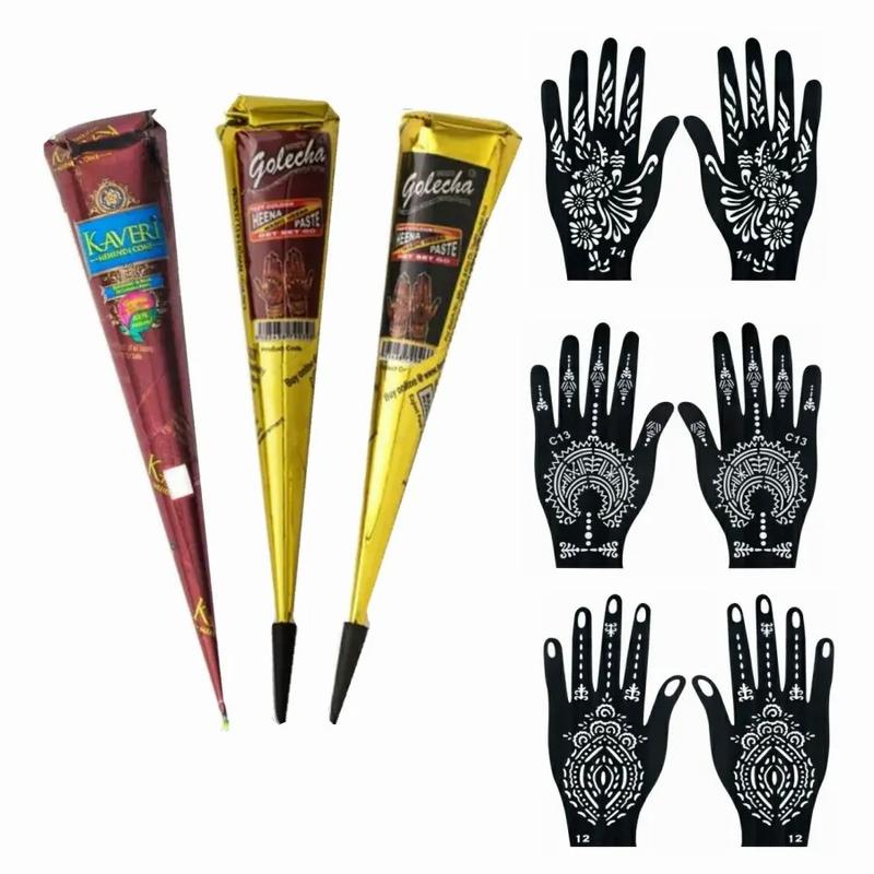 Henna Tattoo Paste Set, 3 Henna Pastes + 6 Temporary Tattoo Stencils, Waterproof Henna Tattoos for Body Art & Nail Designs