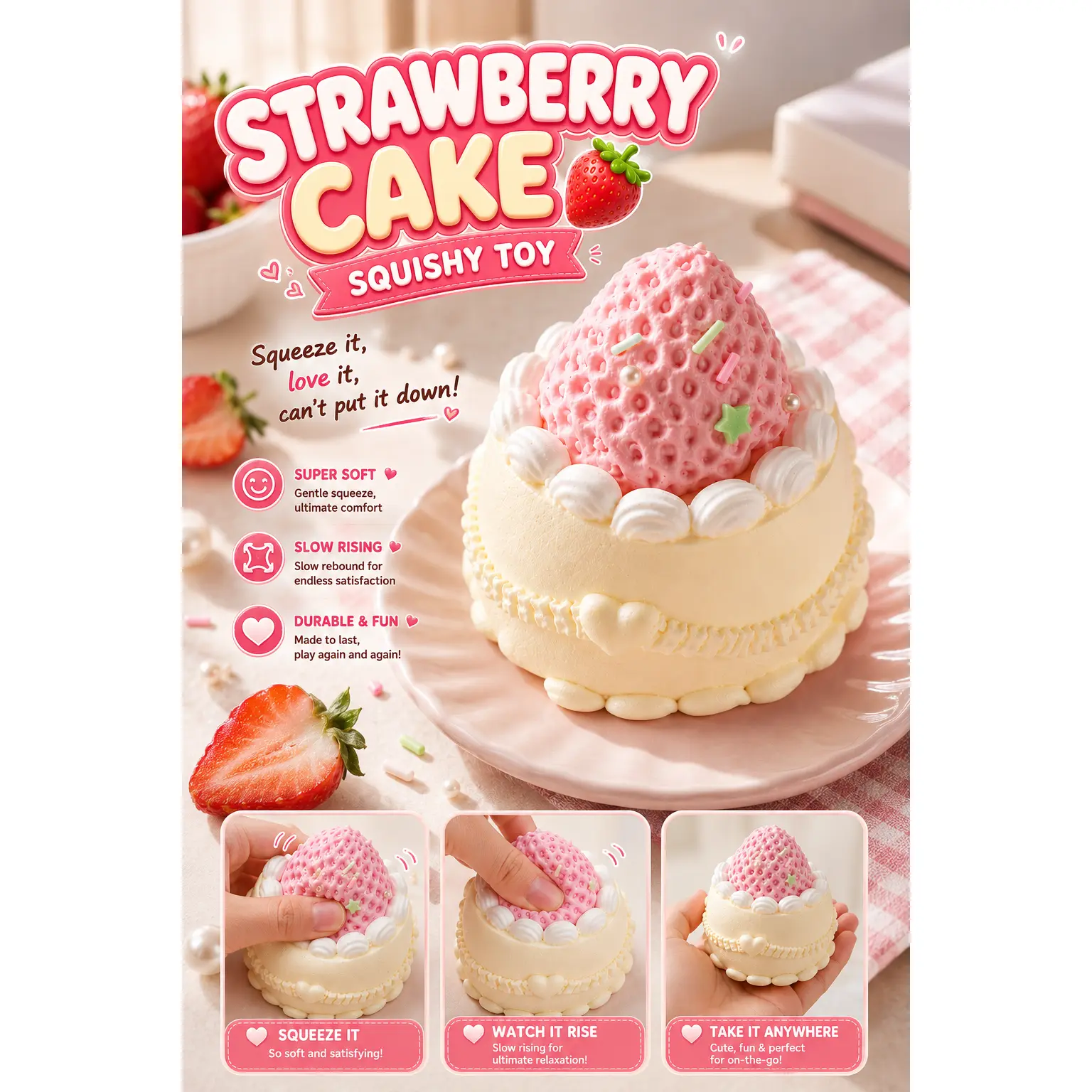 [Yuyu's Squishy World] Handmade taba squishies/strawberry cake squishy toys full silicone reborn squishy, fidget toys, taba squishy, strawberry cake 85g, Gifts for Girls & Boys Wooden Stress Ball Rubber Tree Slime