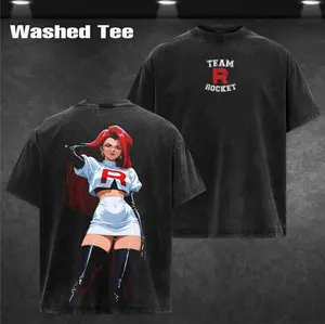 Retro Limited Team Rocket x Jessie V2 T-shirt Washed Anime Merch Double Printed Washed Tee Unisex Manga Heavyweight Cotton 90s Anime Kanto Villains Team Rocket