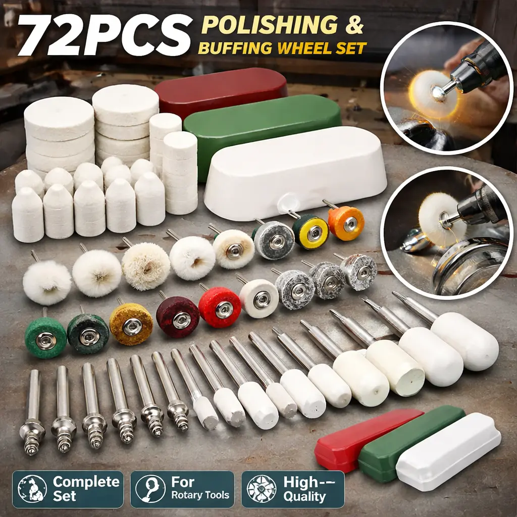72-Piece Car Buffers and Polishers Kit for Dremel - 1/8" Shank Rotary Tool Accessories, Metal Polishing Wheels, Polish Compound, Abrasive Pads, Wire Brushes, Compressed Wool/Cotton Buffs, Bullet Shapes, Wobblefree Fit for Car Wheels Detailing, Watches, En