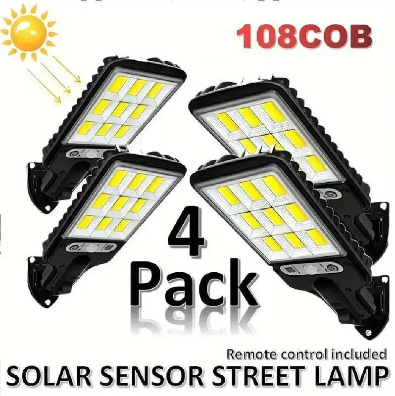 Solar Outdoor Lights, 4-Pack 6000 Lumens 108COB LED Solar-Powered Motion Sensor Wall Lamp - IP65 Waterproof, Remote Control, Durable Security Light for Outside Wall, Garden