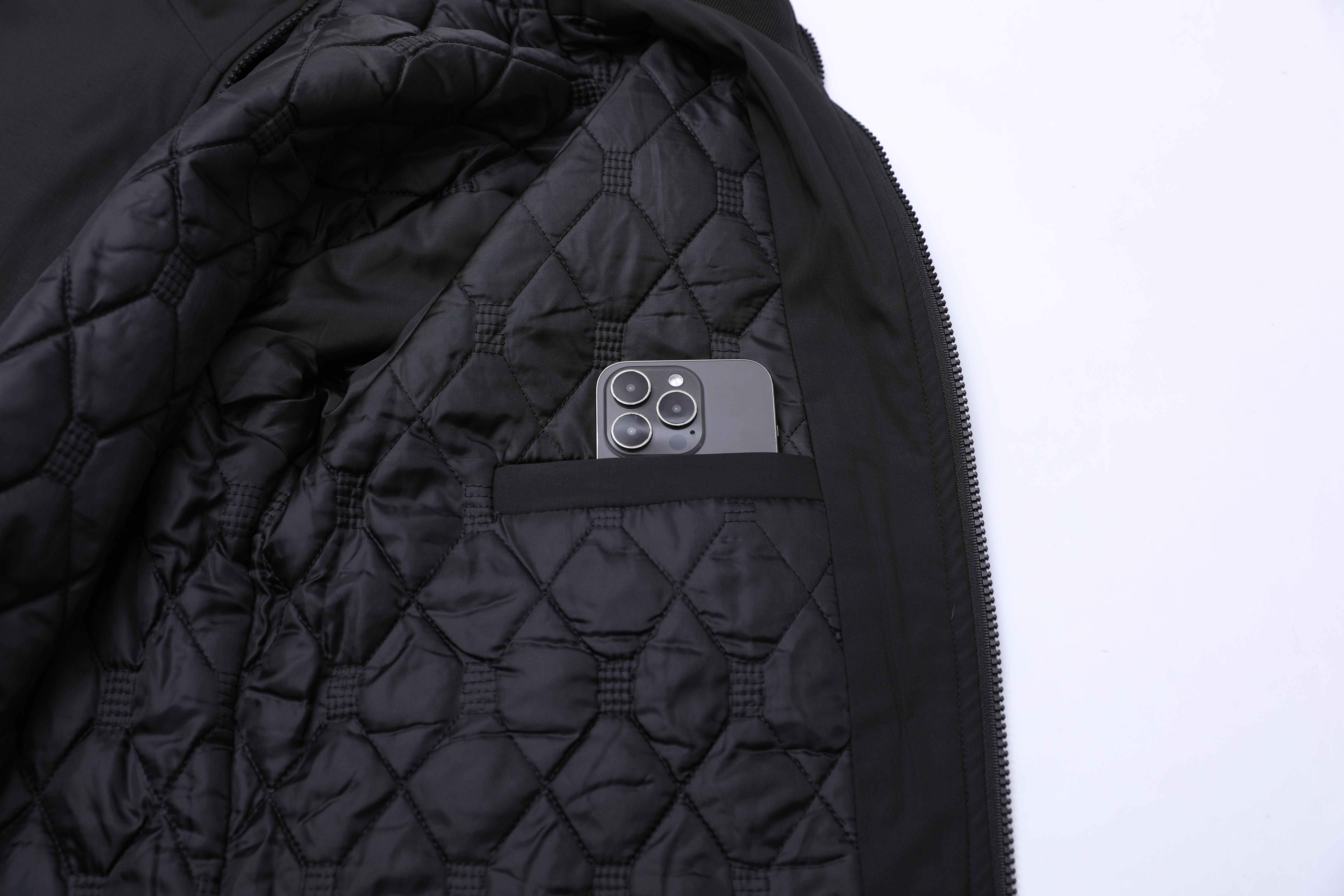 Men's Black Thermal Puffer Jacket with Hood Plaid Quilted Lining Heavyweight Warm Winter Coat for Cold Weather Hoodie Menswear Long Sleeve Zipper Polyester Tops