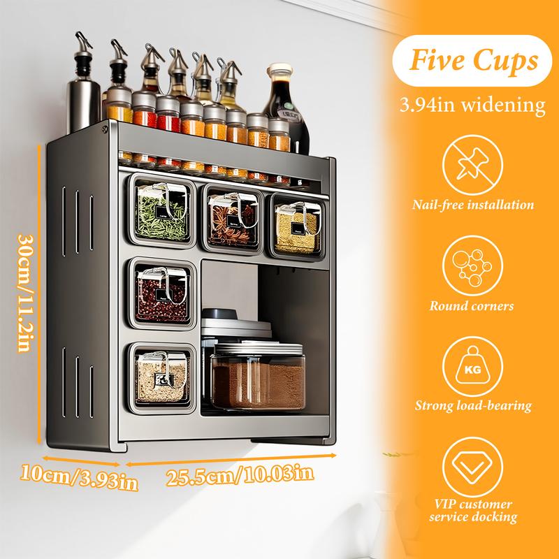 Bepatio Spice Rack Set, Space Saving 1pc Easy-Install Carbon Steel Spice Rack Set, Includes Seasoning Containers & Cans for Kitchen Organization, Spice Racks for Kitchen No Drill Needed