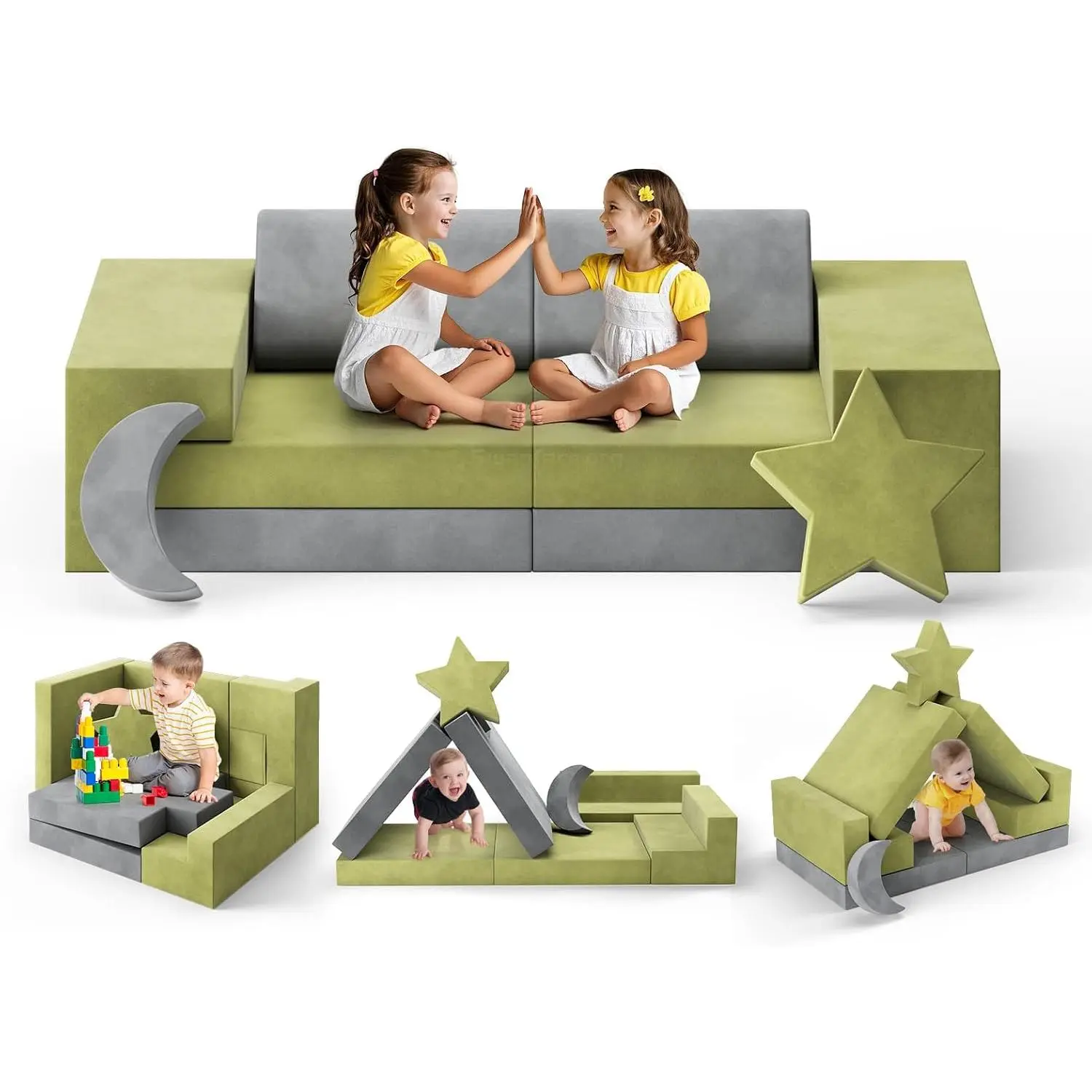 Unisex Toddler Size Modular Foam Play Couch, Convertible Child Sofa with Fort-Building Feature, Indoor-Outdoor Baby Playhouse (9, Green Grey)