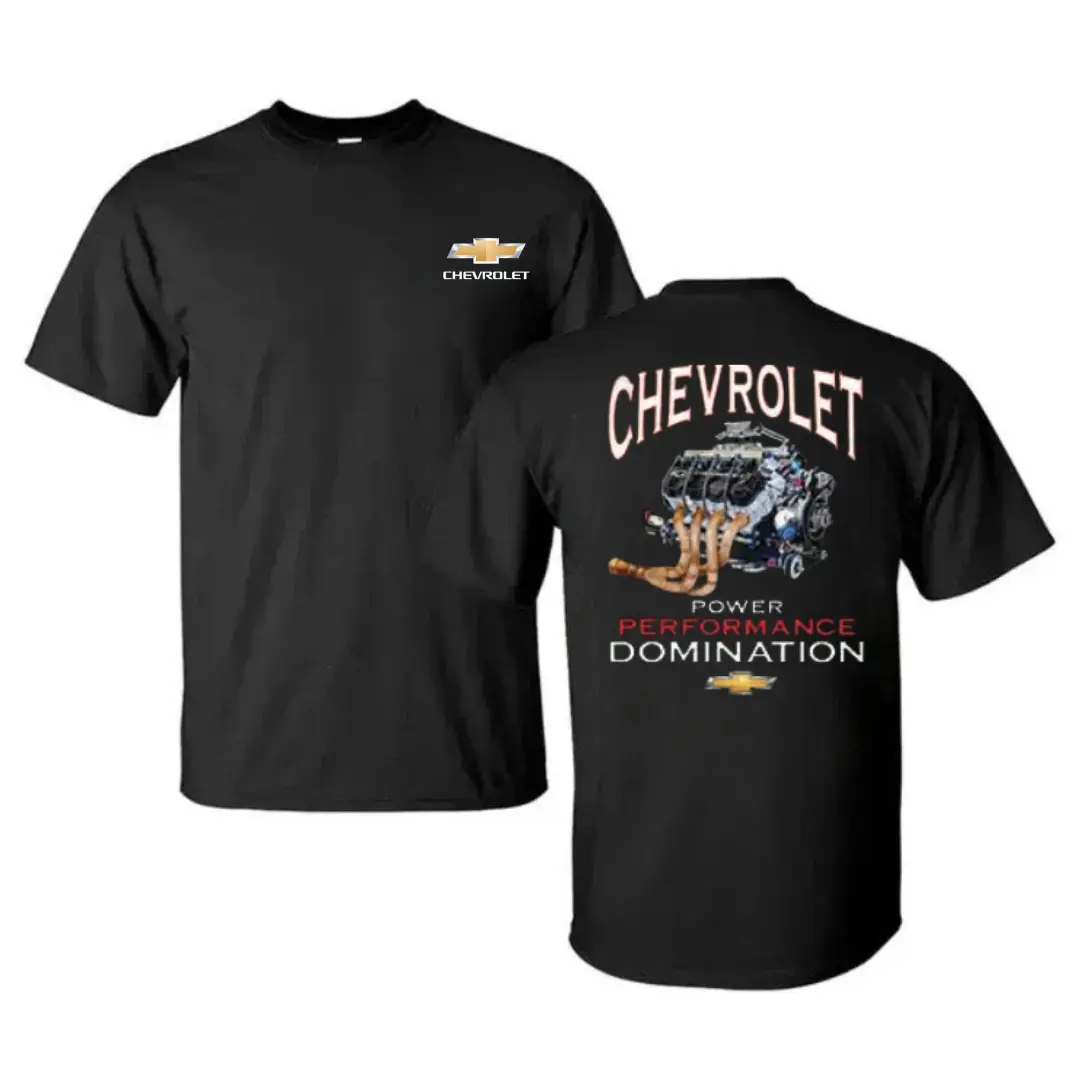 Chevy V8 Performance Shirt, Chevrolet Power Performance Domination Graphic Tee, American Muscle Car Apparel for Chevy Lovers, Mechanics and Gearheads, Perfect Gift for Car Guys