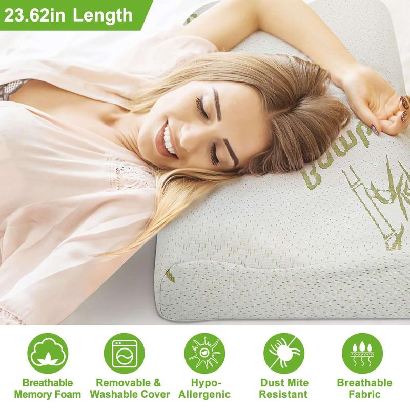 Bamboo Memory Foam Sleep Pillow - Contoured Cervical Orthopedic Pillow with Neck Support & Breathable Cover, Ergonomic Design for Side, Back, Stomach Sleepers & Pain Relief
