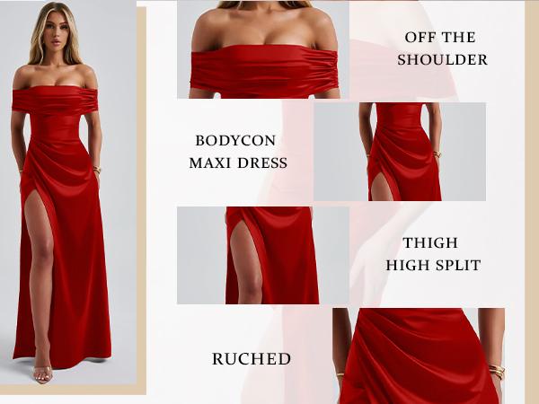 OYS Women's Elegant Off Shoulder High Split Bodycon Evening Wedding Maxi Dress