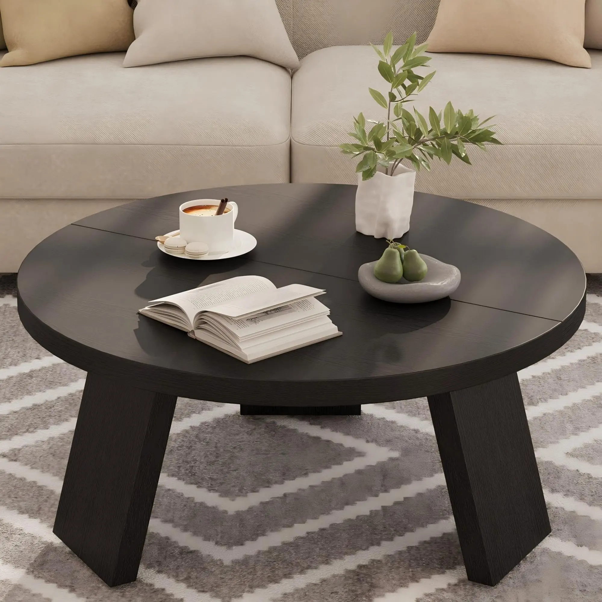 Gaomon Black Round Contemporary Coffee Table - Retro Wood Particleboard Indoor Furniture with Inclined Legs, Small Drink Table, Quick Setup, Easy Assembly, 33.5X33.5 In, for Living Room, Bedroom