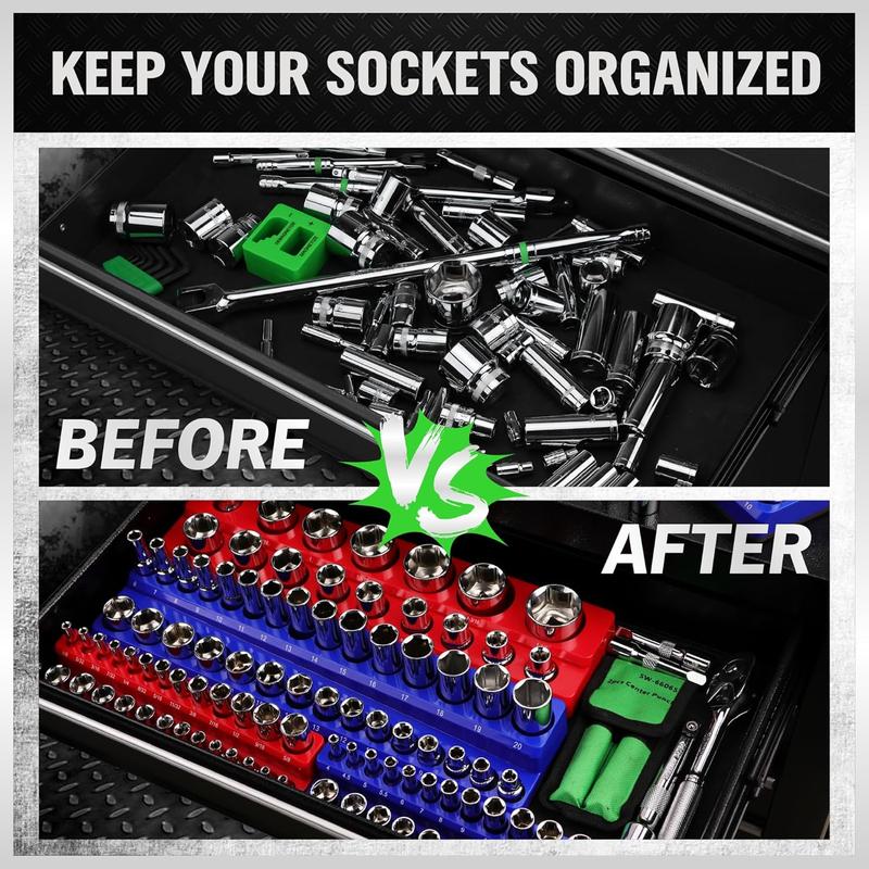 Magnetic Socket Organizer, 6 Piece Socket Holder Kit, 1/2-inch, 3/8-inch, 1/4-inch Drive, Holds 143 SAE&Metric Sockets, Red & Blue, Professional Quality Tools Organizer Hardware Heavy Duty #TikTokShopBlackFriday Magnetic Socket Organizer, 6 Piece Socket Holder Kit, 1/2-inch, 3/8-inch, 1/4-inch Drive, Holds 143 SAE&Metric Sockets, Red & Blue, Professional Quality Tools Organizer Hardware Heavy Duty #TikTokShopBlackFriday