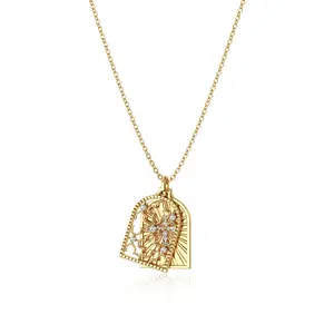 TEWIKY 14K Gold-Plated Zircon Starburst Rose Window Laser Pattern Zircon Cross Double-Layer Pendant Necklace, Valentine's Day and Easter Gift, Suitable for Various Occasions, Elegant Design