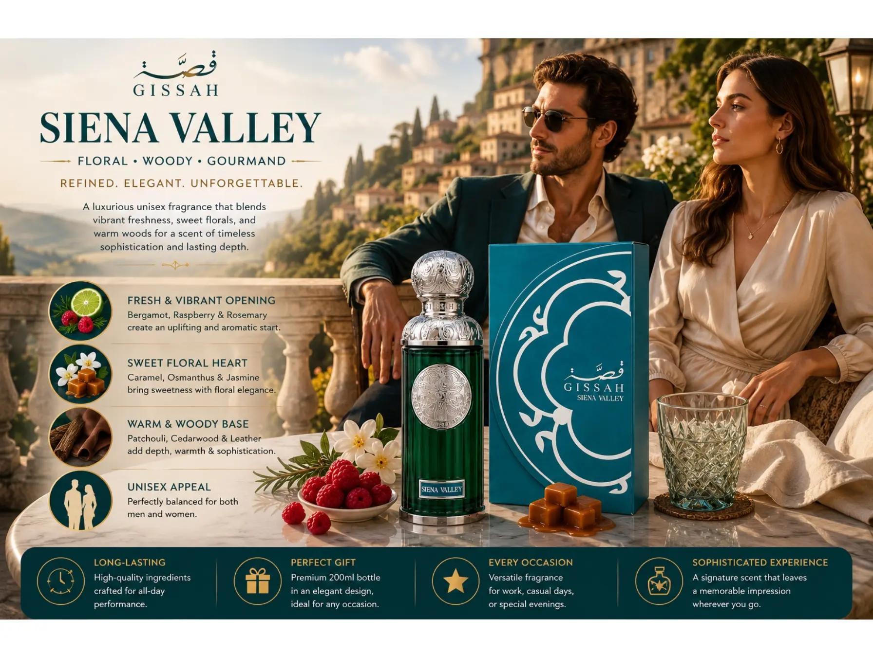 Women's Fragrance Gissah Siena Valley Regular Ed Eau de Parfum - 200ml Single Bottle, Long-Lasting Citrus-Floral & Woody Gourmand Scent with Rosemary & Cedar, Unisex Daily Wear for All Seasons Adults