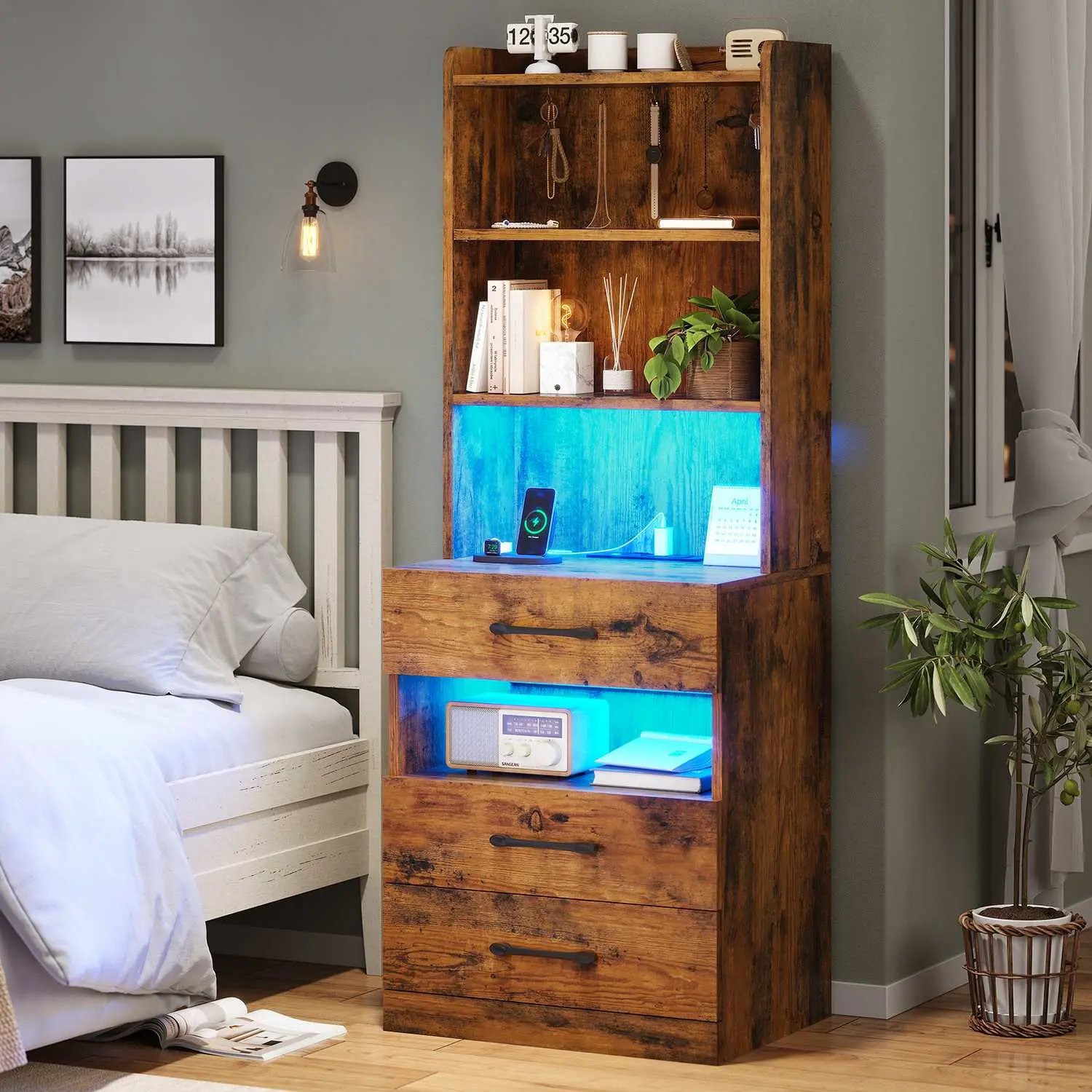 Sikaic LED Nightstand with Charging Station, Tall Bedside Table with Drawers and Storage Shelves, Modern Bedroom Furniture