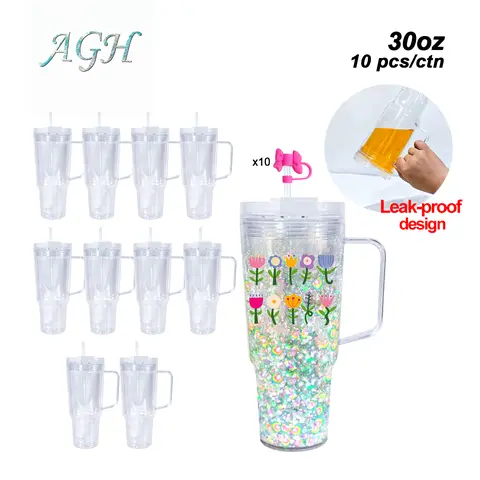 AGH [New Arrived] 10pcs 30oz Leak-Proof Snow Globe Handle Tumbler Double Wall Plastic Water Bottle for DIY Glitter Drinkware