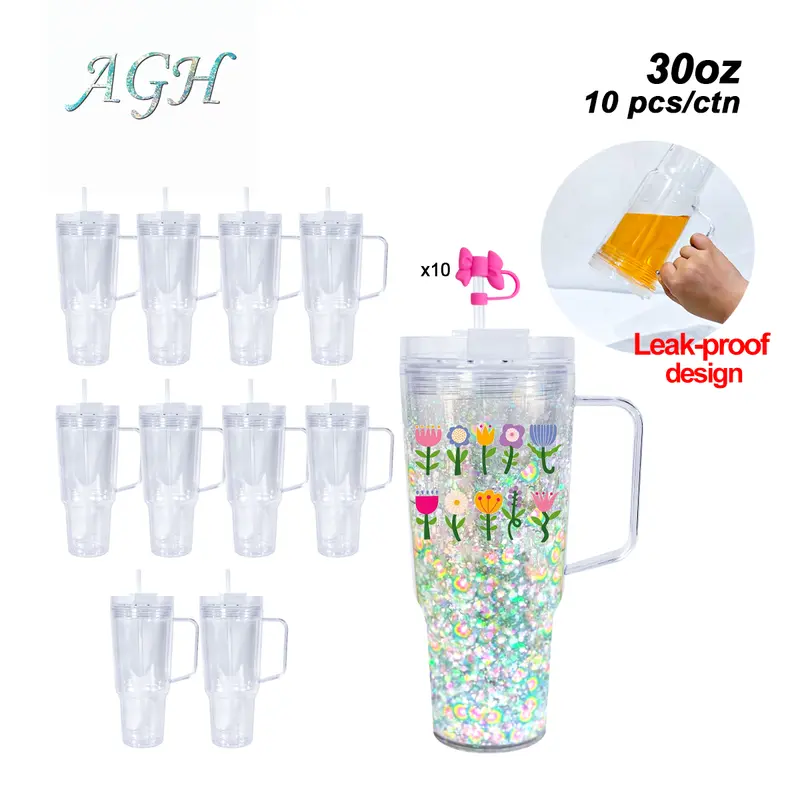 AGH [New Arrived] 10pcs 30oz Leak-Proof Snow Globe Handle Tumbler Double Wall Plastic Water Bottle for DIY Glitter Drinkware