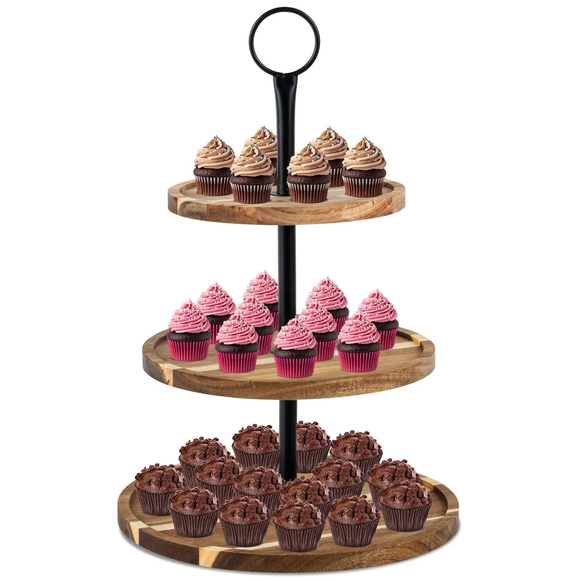 Perco 3-Tier Wooden Acacia Cupcake Stand - Multifunctional Rustic Dessert Display Tower for 31 Cupcakes, Cookies, Snacks - Sturdy, Easy-to-Assemble Tray for Weddings, Birthdays, Kitchen Decoration & Ornaments