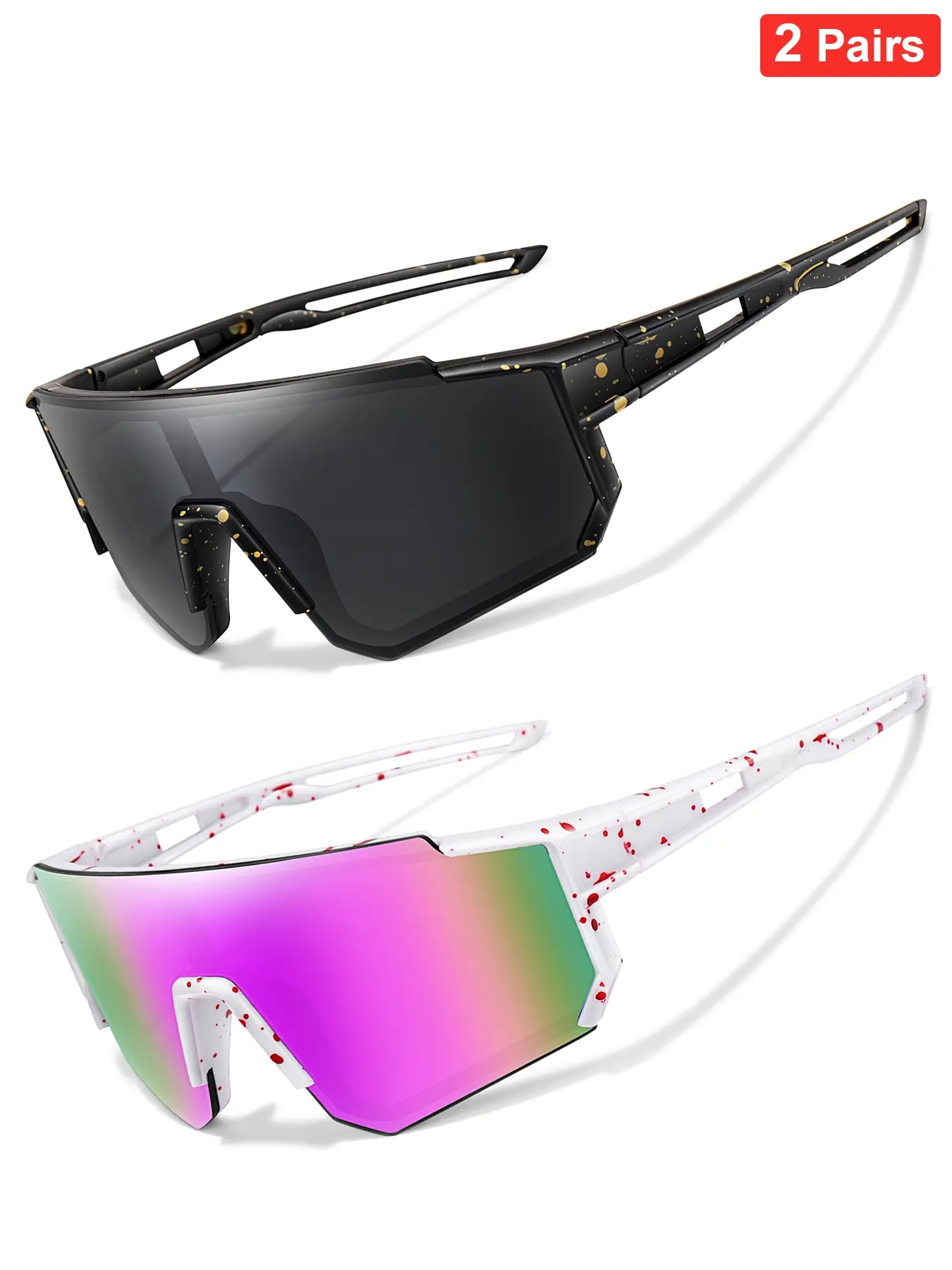 Unisex Outdoor Sports Sunglasses (2 Pairs Set), Sporty Sunglasses, Sportive Sunglasses, Summer Sports Glasses, UV Protective Glasses, Baseball Glasses, Cycling Running Eyewear, Bike Shades, Perfect Gift for Him, Christmas, Birthday, New Year
