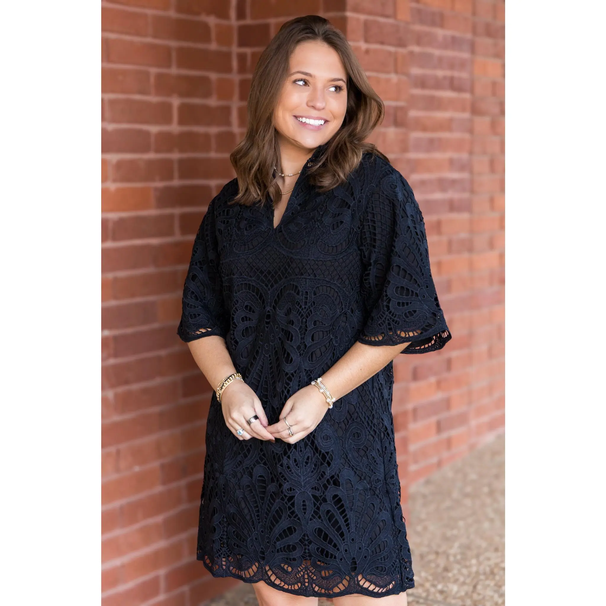 Black Lace High Neck Tunic Dress