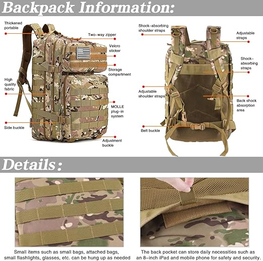 45L Military Tactical Backpack for Men and Women with Molle System and USA Flag Patch 45L Military Tactical Backpack for Men and Women with Molle System and USA Flag Patch