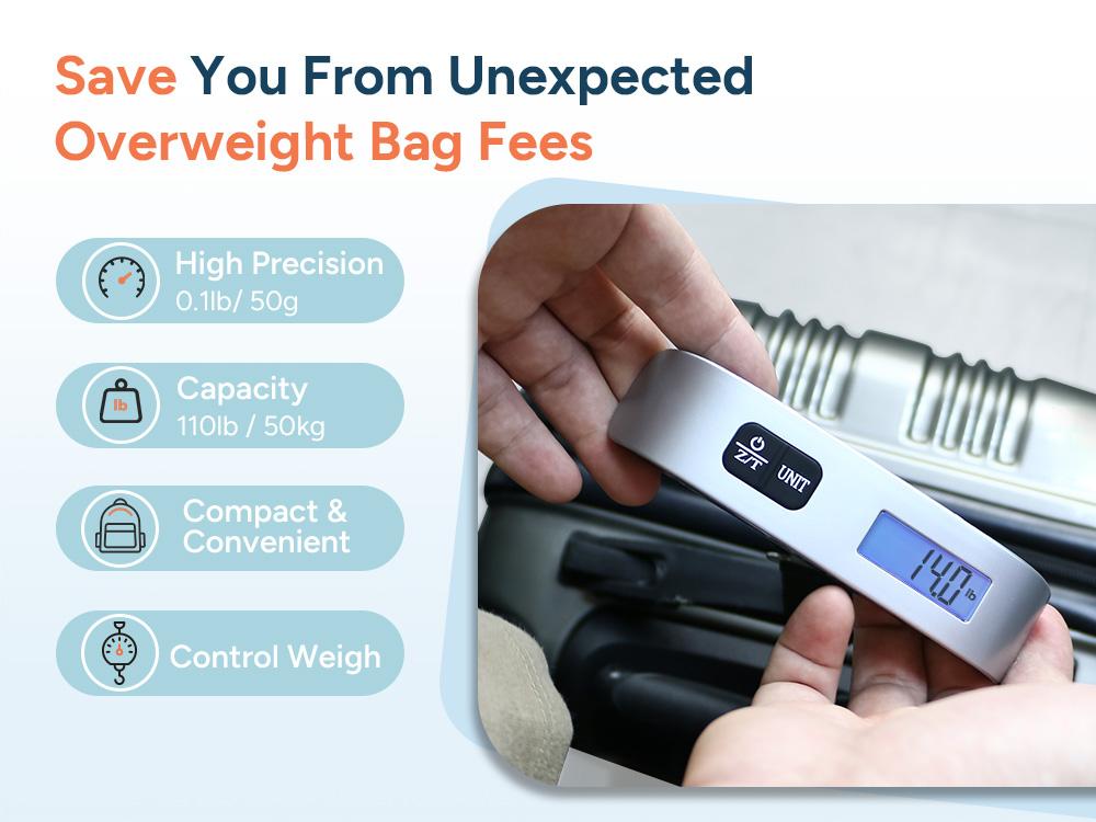 travel inspira Digital Luggage Scale, 110lbs Hanging Baggage Scale, Backlit LCD, Portable Suitcase Weighing Scale with Hook, Battery Included, Accurate Weighing, Strong Straps, Travel Essentials