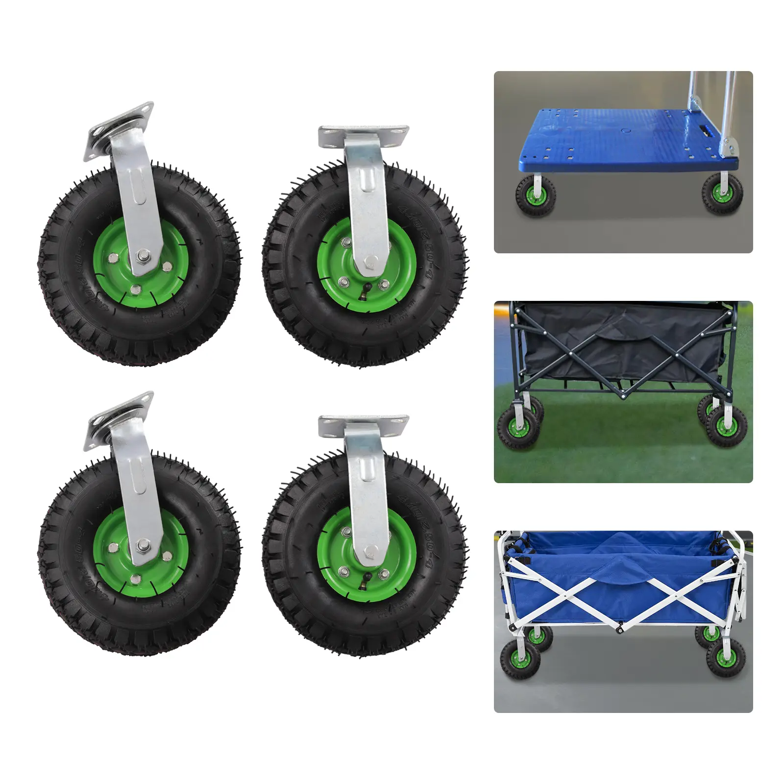 Heavy Duty 4-Piece 10 In Anti-Slip Pneumatic Caster Wheels Set - 2 Swivel, 2 Directional Wheels, 661.39lbs Load Capacity, Inflatable Rubber Tires, Dual Ball Bearings, Galvanized Plate Mount, Easy to Install for Tool Boxes, Industrial Carts, Concrete, Wood