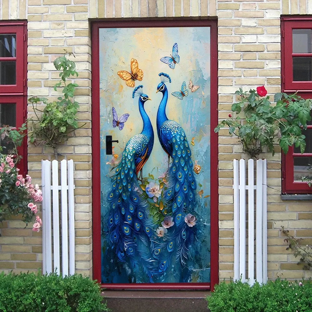 2pcs   Blue Peacock Wall Stickers for Home Decor Self Adhesive Removable Vinyl Decals with Butterfly and Flower Patterns Peel and Stick Art Murals for Living Room Bedroom Door Window Decoration  Co