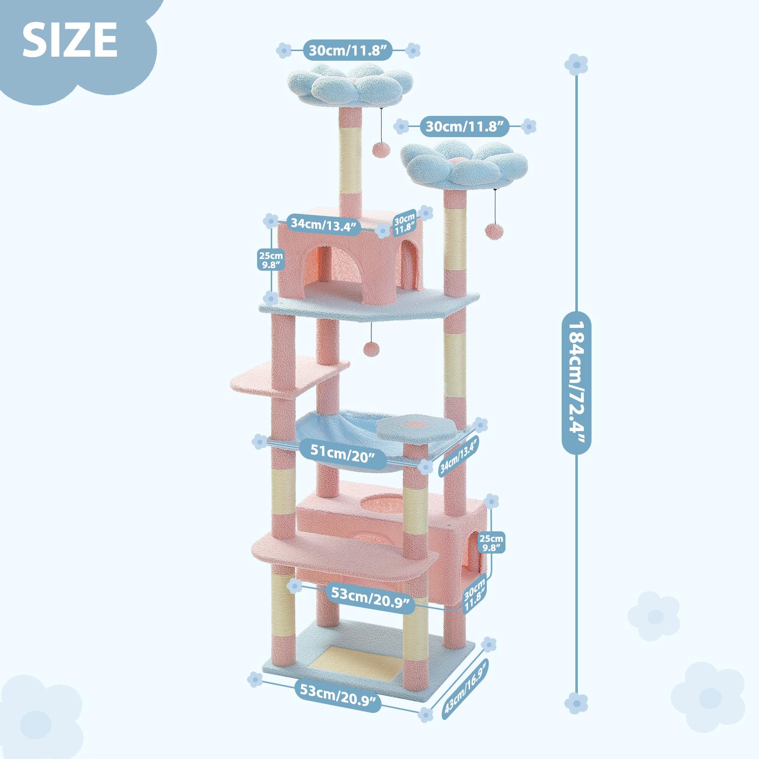 PAWZ Road Large 72 Inches Flower/Cactus Cat Tree & Tower for Indoor Cats with Sisal-Covered Scratching Posts Padded Perches Condos & Basket Gray/Dark Gray/Beige Vertical Scratcher 8-Level Structure