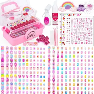 576 Pcs Kids Nails and Glue, Girls Press ons Nail Art Kit with Storage Case, Fake Nails Adhesive, Remover, Rainbow Nail File, Cute Stuff Girls Gift for Kids Age 8-12
