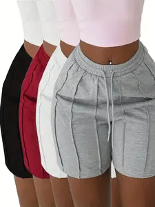 (4pcs Set) 97894 Solid Color Drawstring Shorts, Casual Elastic Waistband with Side Pockets, Women's Spring/Summer Apparel, Style, Spring/Summer/Autumn Seasons bow legged walk shorts size 2 pants body wren sinclair skirt SoftMotion Straight Leg Fitness