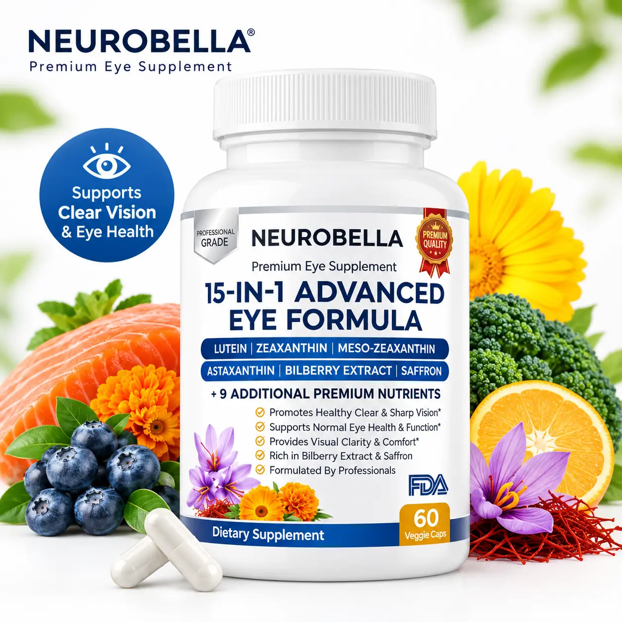 1-3 Pack Neurobella 15 in 1 Advanced Eye Formula, Lutein, Zeaxanthin, Bilberry, Saffron, Zinc, Vitamins C & E, 60 Soft Gels