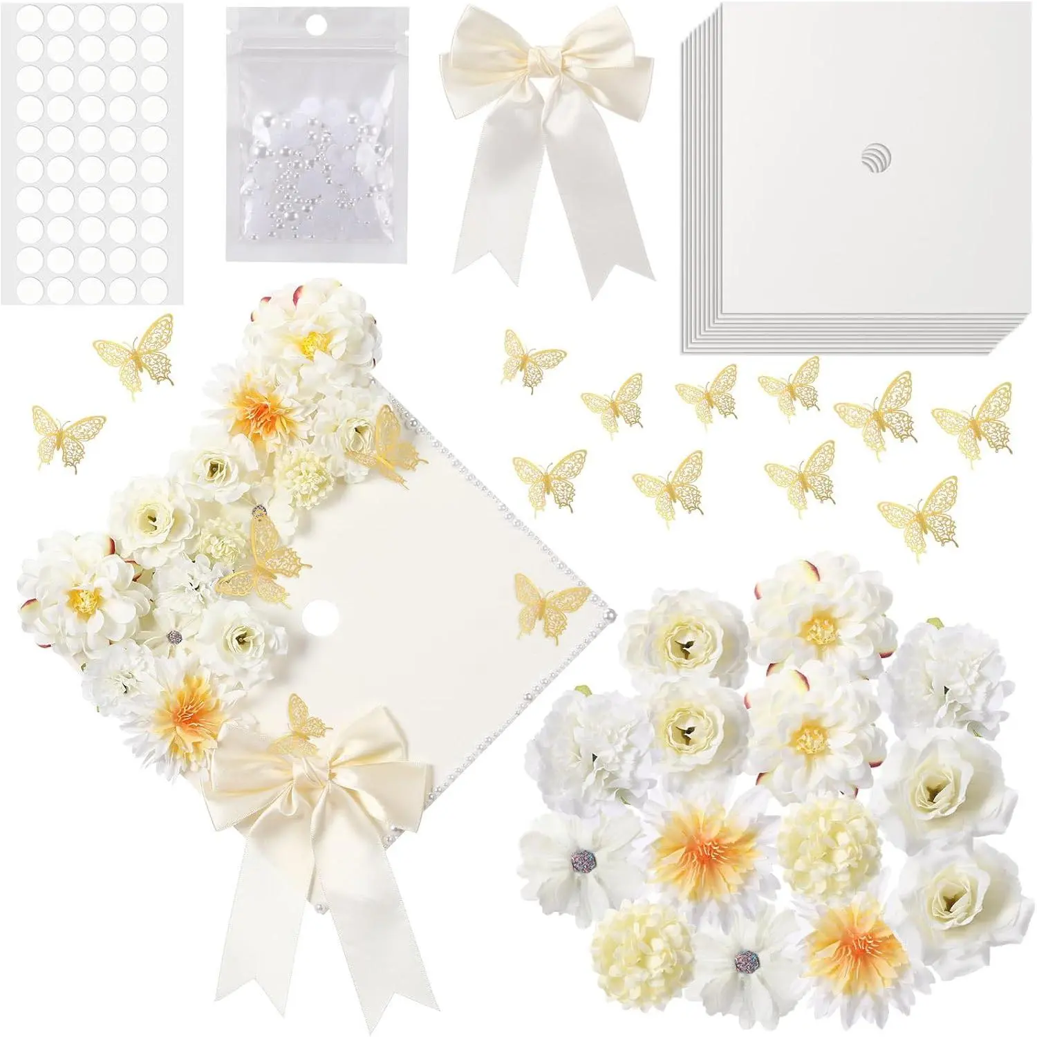 41 count Beige DIY Graduation Cap Decoration Kit, Grad Cap Decorations Grad Hat Topper Faux Assorted  Bows  Cream Construction Paper Butterfly Stickers  Adhesive Dots