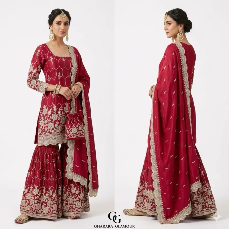 Women's Red Traditional Embroidered Gharara Outfit Full Set - Women's Clothes, Ethnic Casual Dress with Matching Accessory Kit, Undamaged Unused Embroidery Accents