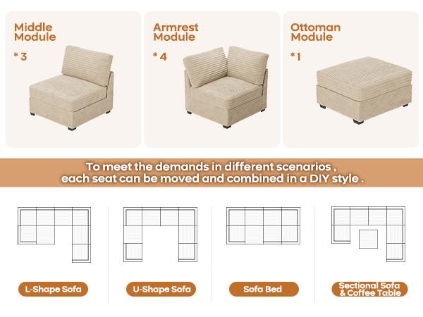 【8 Packages Shipping】Ovios 130.7" Modular Sectional Sofa Couch, U-Shaped Minimalist Couches with Sofa Bed Chaise, L-Shaped Modern Deep Seat Cloud Plush Corduroy Sofas with Ottoman Set for Living Room, 8 Seater