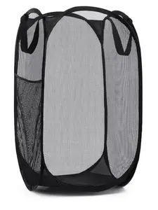 Collapsible Laundry Hamper – Mesh Pop-Up Clothes Basket with Side Pocket (Black)