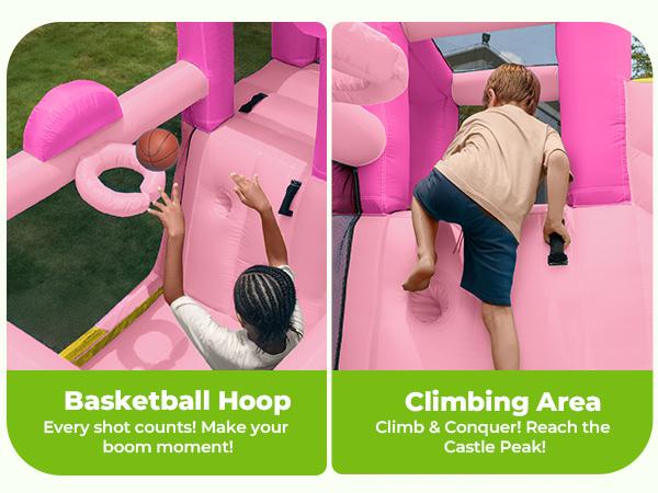 Outfunny Inflatable Bounce House Large Bouncy Castle for Kids with Slide Outdoor & Indoor 450W Blower 6 in 1 Interactive Play Zones Safety First Year Round Fun Gift