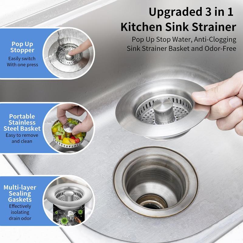 Kitchen Sink Strainer Combo 304 Stainless Steel Pop-up Stopper Anti-Clogging Bounce Core Filter US Standard 3-1/2'' Drain Size Kitchen Sink Strainer Combo 304 Stainless Steel Pop-up Stopper Anti-Clogging Bounce Core Filter US Standard 3-1/2'' Drain Size