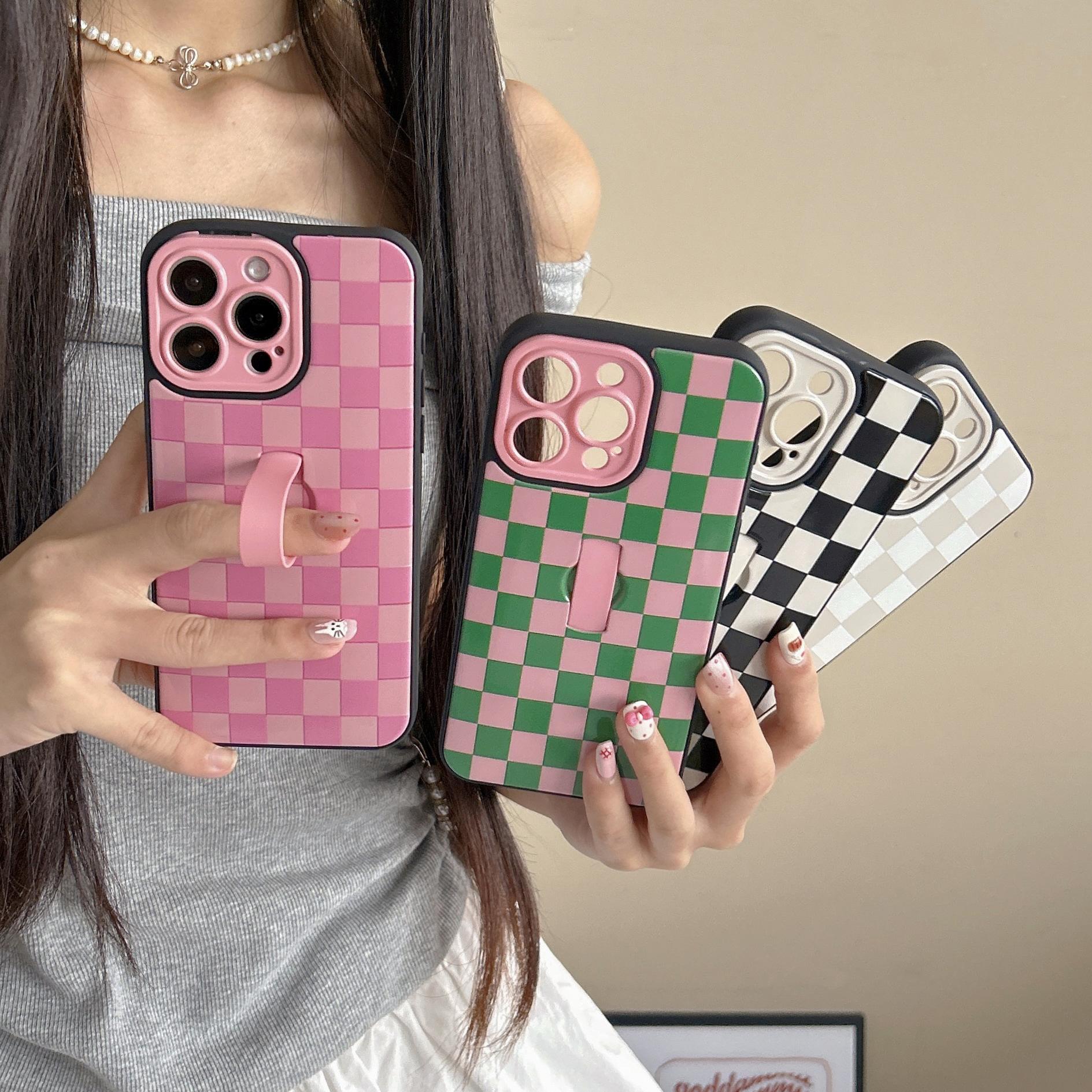 Cute Checkered Checkerboard Phone Case with Finger Strap Kickstand,Slim Full Camera Protection Shockproof Cover for iPhone 16 Pro Max 15 14 13