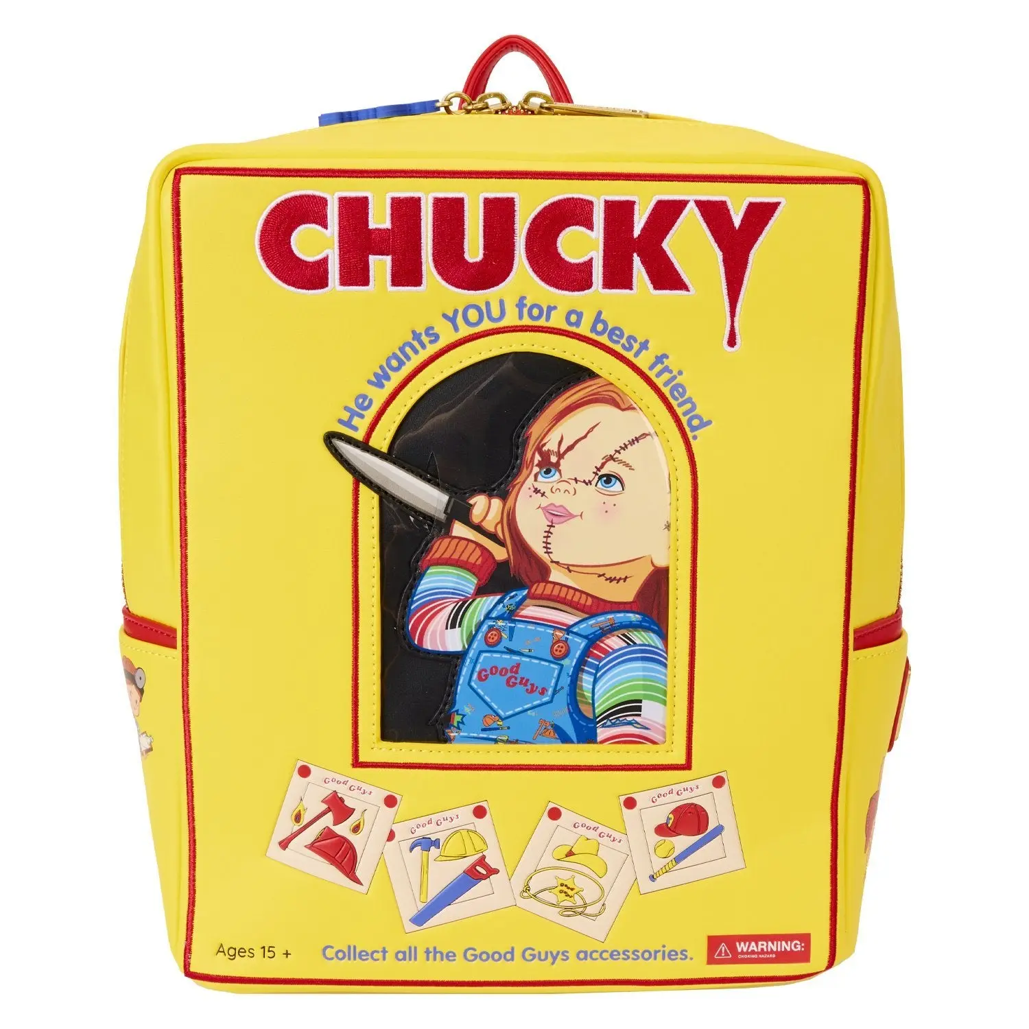 Loungefly Child's Play Chucky Novelty Graphic Print Mini Backpack, Faux Leather Box Shape with Chucky Slash Look Applique & Embroidery, Horror, Play Date, Casual Wear, Basic, Lightweight, Adults, Ages 15+, Collectibles, Compact